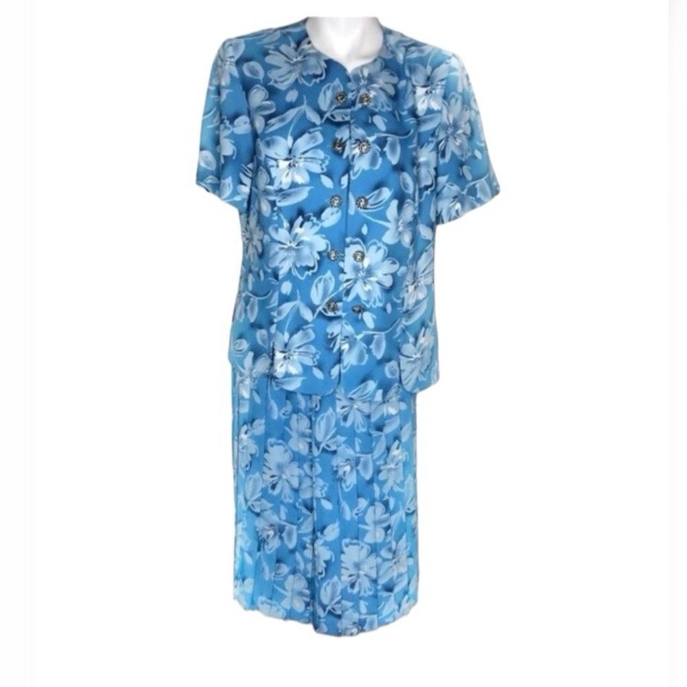 LESLIE FAY Light Blue Floral Skirt Suit Womens Size 14 P VINTAGE